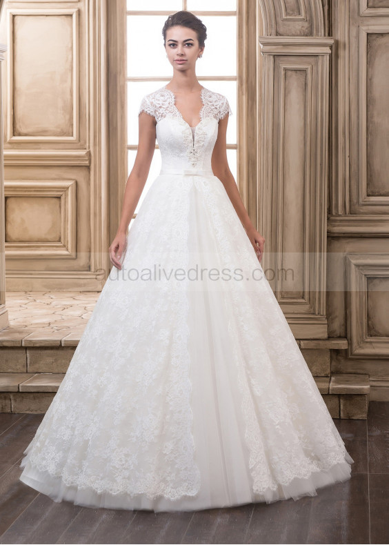 Cap Sleeves Lace Tulle Beaded Wedding Dress Wedding Gown